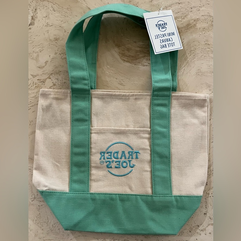 Trader Joe’s Beige and Teal Mini Canvas Tote Bag